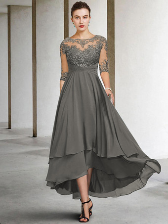 グレイ花嫁の母のためのパーティードレス ジュエルネック ハーフスリーブ Aライン レース ティーレングス ゲストドレス 結婚式用 無料カスタマイズ