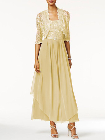 スイセン色花嫁のドレスの母2個ラインレース足首の長さのウェディングゲストドレス