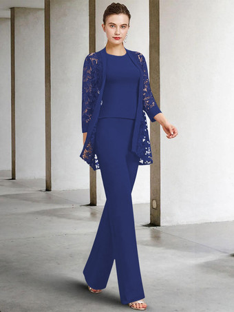 ロイヤルブルー花嫁の母親のためのパーティードレス ジュエルネック 7分袖 Aライン レース 足首丈 結婚式用ゲストドレス 無料カスタマイズ