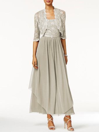 ライトグレー花嫁のドレスの母2個ラインレース足首の長さのウェディングゲストドレス