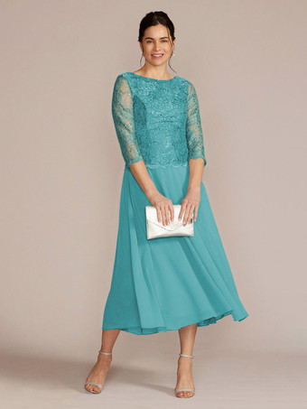 ティールパーティードレス 花嫁の母用 ジュエルネック 七分袖 Aライン レース 足首丈 ゲストドレス 結婚式用