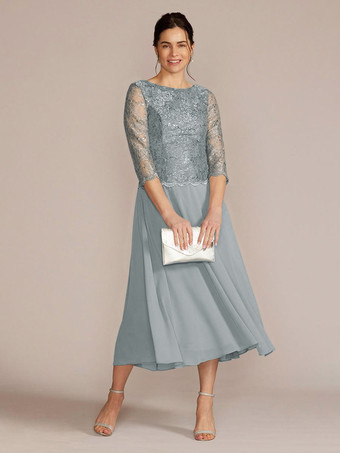 スレートグレー パーティードレス 花嫁の母用 ジュエルネック 七分袖 Aライン レース 足首丈 ゲストドレス 結婚式用