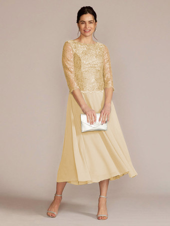 シャンパンパーティードレス 花嫁の母用 ジュエルネック 七分袖 Aライン レース 足首丈 ゲストドレス 結婚式用