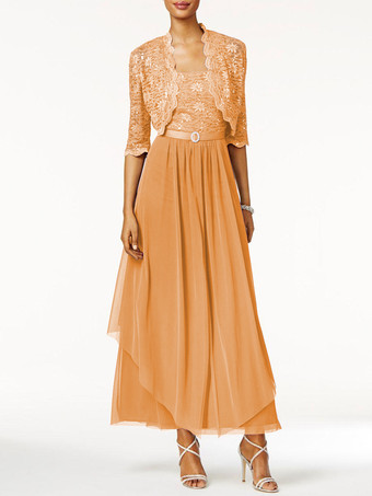 オレンジ花嫁のドレスの母2個ラインレース足首の長さのウェディングゲストドレス