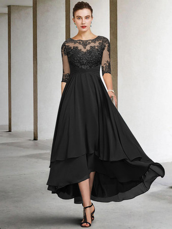 ブラック花嫁の母のためのパーティードレス ジュエルネック ハーフスリーブ Aライン レース ティーレングス ゲストドレス 結婚式用 無料カスタマイズ