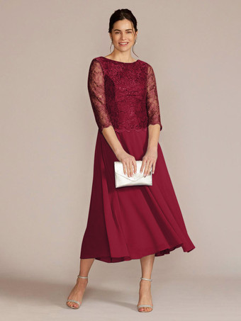 バーガンディーパーティードレス 花嫁の母用 ジュエルネック 七分袖 Aライン レース 足首丈 ゲストドレス 結婚式用