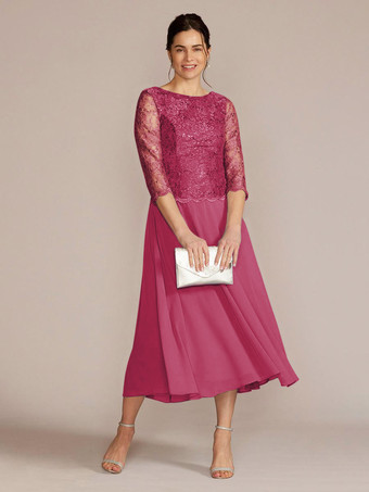 マゼンタパーティードレス 花嫁の母用 ジュエルネック 七分袖 Aライン レース 足首丈 ゲストドレス 結婚式用