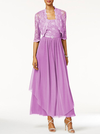 ラベンダー花嫁のドレスの母2個ラインレース足首の長さのウェディングゲストドレス