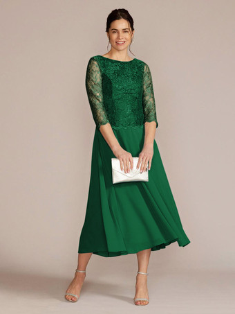 ダークグリーンパーティードレス 花嫁の母用 ジュエルネック 七分袖 Aライン レース 足首丈 ゲストドレス 結婚式用