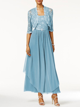 スカイブルー 花嫁のドレスの母2個ラインレース足首の長さのウェディングゲストドレス