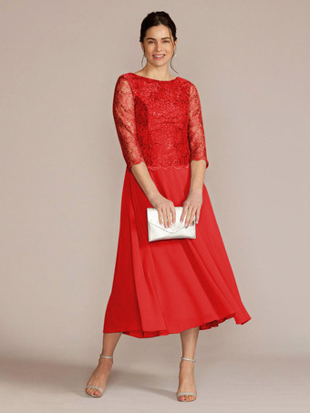 レッド パーティードレス 花嫁の母用 ジュエルネック 七分袖 Aライン レース 足首丈 ゲストドレス 結婚式用