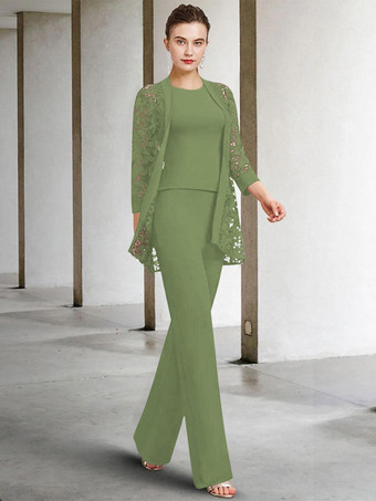 セージグリーン花嫁の母親のためのパーティードレス ジュエルネック 7分袖 Aライン レース 足首丈 結婚式用ゲストドレス 無料カスタマイズ