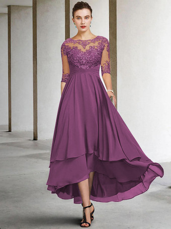プラム花嫁の母のためのパーティードレス ジュエルネック ハーフスリーブ Aライン レース ティーレングス ゲストドレス 結婚式用 無料カスタマイズ