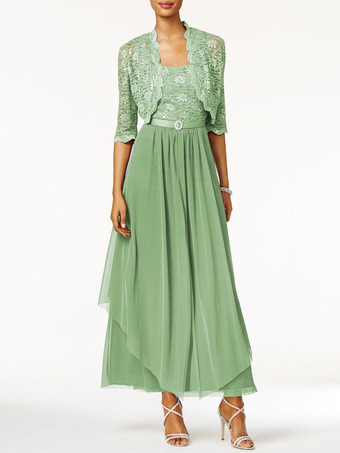 セージグリーン花嫁のドレスの母2個ラインレース足首の長さのウェディングゲストドレス