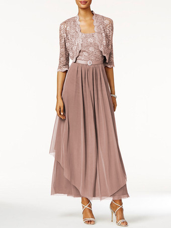 マルーン花嫁のドレスの母2個ラインレース足首の長さのウェディングゲストドレス