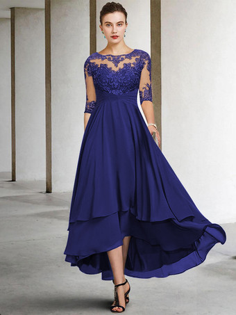 ロイヤルブルー花嫁の母のためのパーティードレス ジュエルネック ハーフスリーブ Aライン レース ティーレングス ゲストドレス 結婚式用 無料カスタマイズ