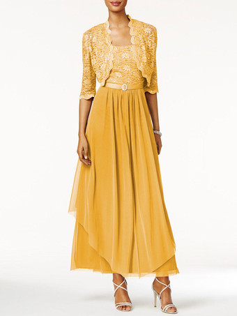 ゴールド 花嫁のドレスの母2個ラインレース足首の長さのウェディングゲストドレス