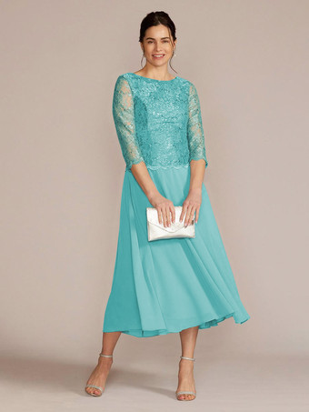 パステルブルーパーティードレス 花嫁の母用 ジュエルネック 七分袖 Aライン レース 足首丈 ゲストドレス 結婚式用