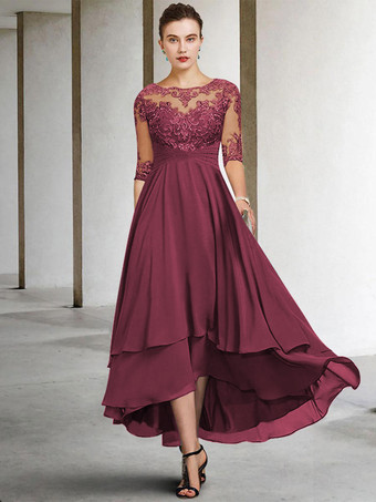 エンバーレッド花嫁の母のためのパーティードレス ジュエルネック ハーフスリーブ Aライン レース ティーレングス ゲストドレス 結婚式用 無料カスタマイズ