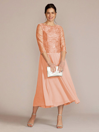 オレンジパーティードレス 花嫁の母用 ジュエルネック 七分袖 Aライン レース 足首丈 ゲストドレス 結婚式用