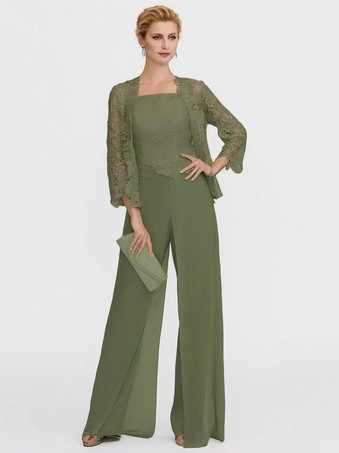 オリーブグリーン花嫁のマザーガウンバトーネック長袖Aラインレースライトグレーゲストパンツサッシ付き結婚式用スリーピース