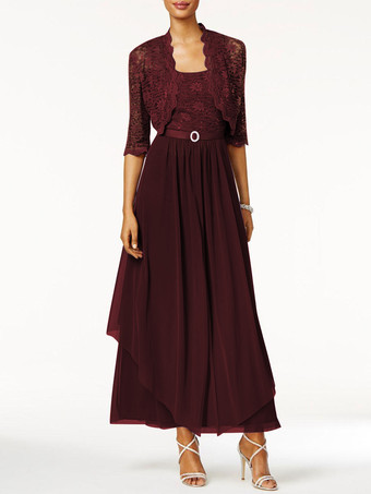 バーガンディー花嫁のドレスの母2個ラインレース足首の長さのウェディングゲストドレス