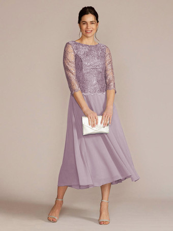 ライラック パーティードレス 花嫁の母用 ジュエルネック 七分袖 Aライン レース 足首丈 ゲストドレス 結婚式用