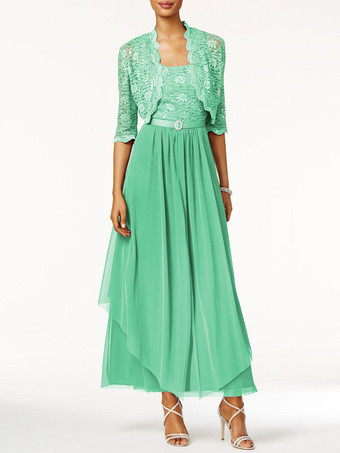 グリーン 花嫁のドレスの母2個ラインレース足首の長さのウェディングゲストドレス