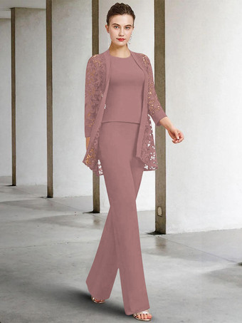 サーモンピンク花嫁の母親のためのパーティードレス ジュエルネック 7分袖 Aライン レース 足首丈 結婚式用ゲストドレス 無料カスタマイズ