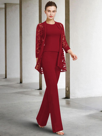 バーガンディー花嫁の母親のためのパーティードレス ジュエルネック 7分袖 Aライン レース 足首丈 結婚式用ゲストドレス 無料カスタマイズ