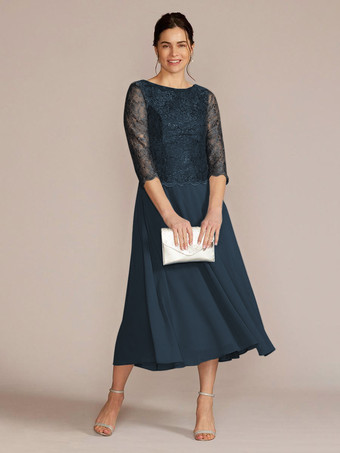 ダークネイビーパーティードレス 花嫁の母用 ジュエルネック 七分袖 Aライン レース 足首丈 ゲストドレス 結婚式用