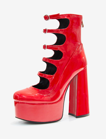 レディース アンクルブーツ レッド チャンキーヒール プラットフォーム カットアウト バックルディテール サンダル ブーティ