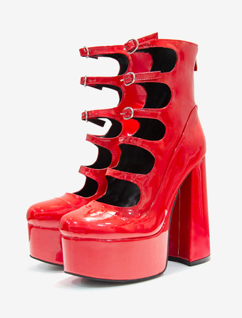 レディース アンクルブーツ レッド チャンキーヒール プラットフォーム カットアウト バックルディテール サンダル ブーティ