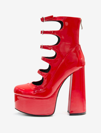 レディース アンクルブーツ レッド チャンキーヒール プラットフォーム カットアウト バックルディテール サンダル ブーティ