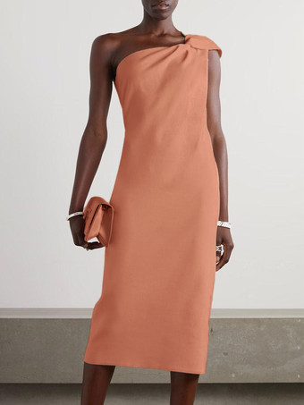 オレンジホワイトブライダルマザードレスワンショルダーノースリーブショートプリーツゲストドレス結婚式用無料カスタマイズ