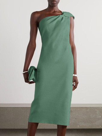 ブルーグリーンホワイトブライダルマザードレスワンショルダーノースリーブショートプリーツゲストドレス結婚式用無料カスタマイズ