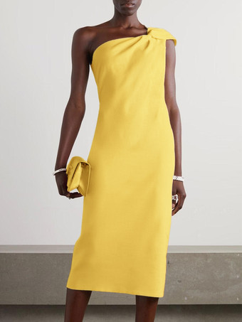 イエローホワイトブライダルマザードレスワンショルダーノースリーブショートプリーツゲストドレス結婚式用無料カスタマイズ