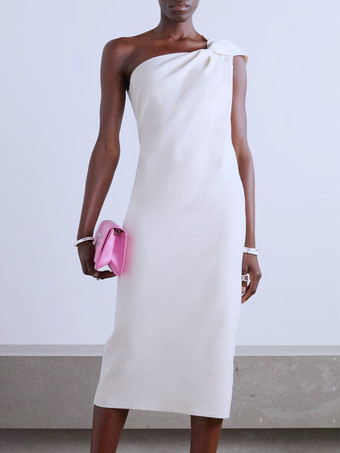 ホワイトホワイトブライダルマザードレスワンショルダーノースリーブショートプリーツゲストドレス結婚式用無料カスタマイズ