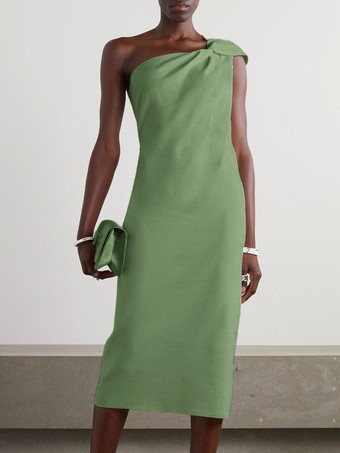 セージグリーンホワイトブライダルマザードレスワンショルダーノースリーブショートプリーツゲストドレス結婚式用無料カスタマイズ