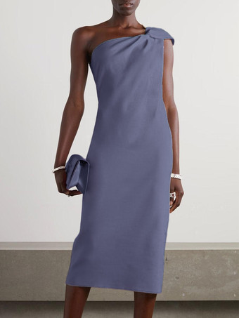 スチールブルーホワイトブライダルマザードレスワンショルダーノースリーブショートプリーツゲストドレス結婚式用無料カスタマイズ