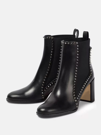 Botas Chelsea de tacón de bloque negras con tachuelas y punta redonda para mujer
