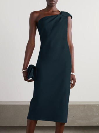 ダークネイビーホワイトブライダルマザードレスワンショルダーノースリーブショートプリーツゲストドレス結婚式用無料カスタマイズ