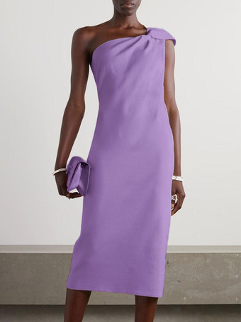 ラベンダーホワイトブライダルマザードレスワンショルダーノースリーブショートプリーツゲストドレス結婚式用無料カスタマイズ