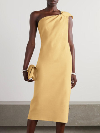 ライトゴールホワイトブライダルマザードレスワンショルダーノースリーブショートプリーツゲストドレス結婚式用無料カスタマイズ