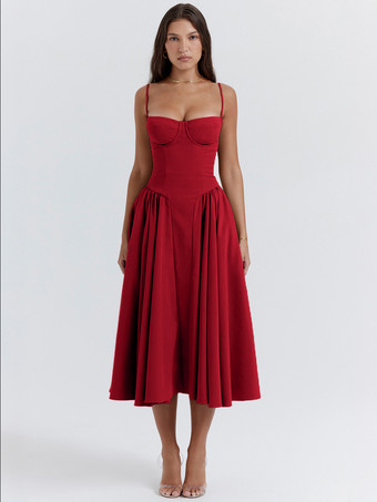 レッド ソフトピンクのコルセットドレス、スパゲッティストラップ、バックレス、プリーツ入りコテージコアミディドレス 2025