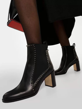 Botas Chelsea de tacón de bloque negras con tachuelas y punta redonda para mujer