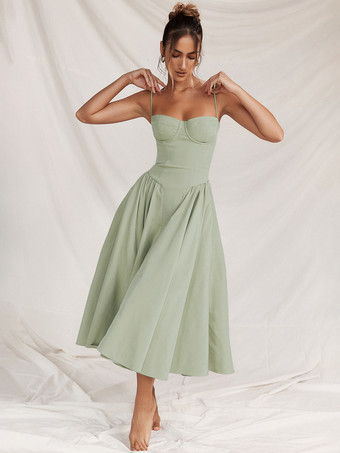 グリーン ソフトピンクのコルセットドレス、スパゲッティストラップ、バックレス、プリーツ入りコテージコアミディドレス 2025