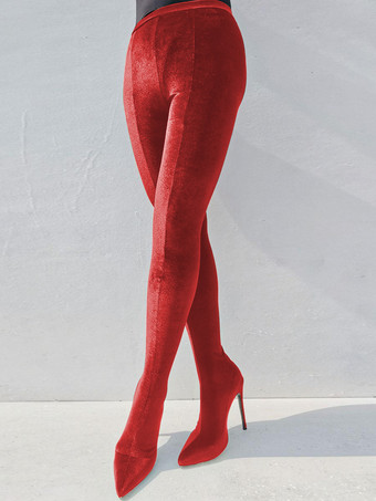 レッド 女性の弾性パンツ靴スエード スティレット ヒール サイハイ ブーツ
