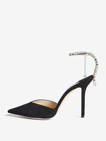 ブラック サテンの女性のアンクル ストラップ スリングバック ヒール ブライダル パンプス