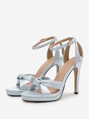 ライトスカイブルーウェディングシューズ プロムシューズ オープントゥ アンクルストラップ ブライダルシューズ サテン ホワイト